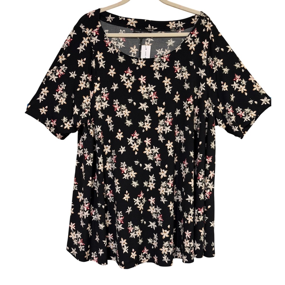 Lane Bryant Women Top Black Floral 22/24 Plus Short Sleeve Scoop Neck T-Shirt - Picture 2 of 7